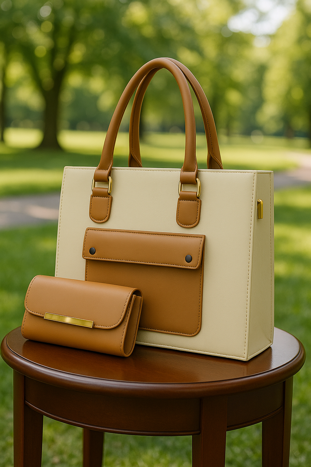 100% Imported Amber Grace Handbag Set (Cream)