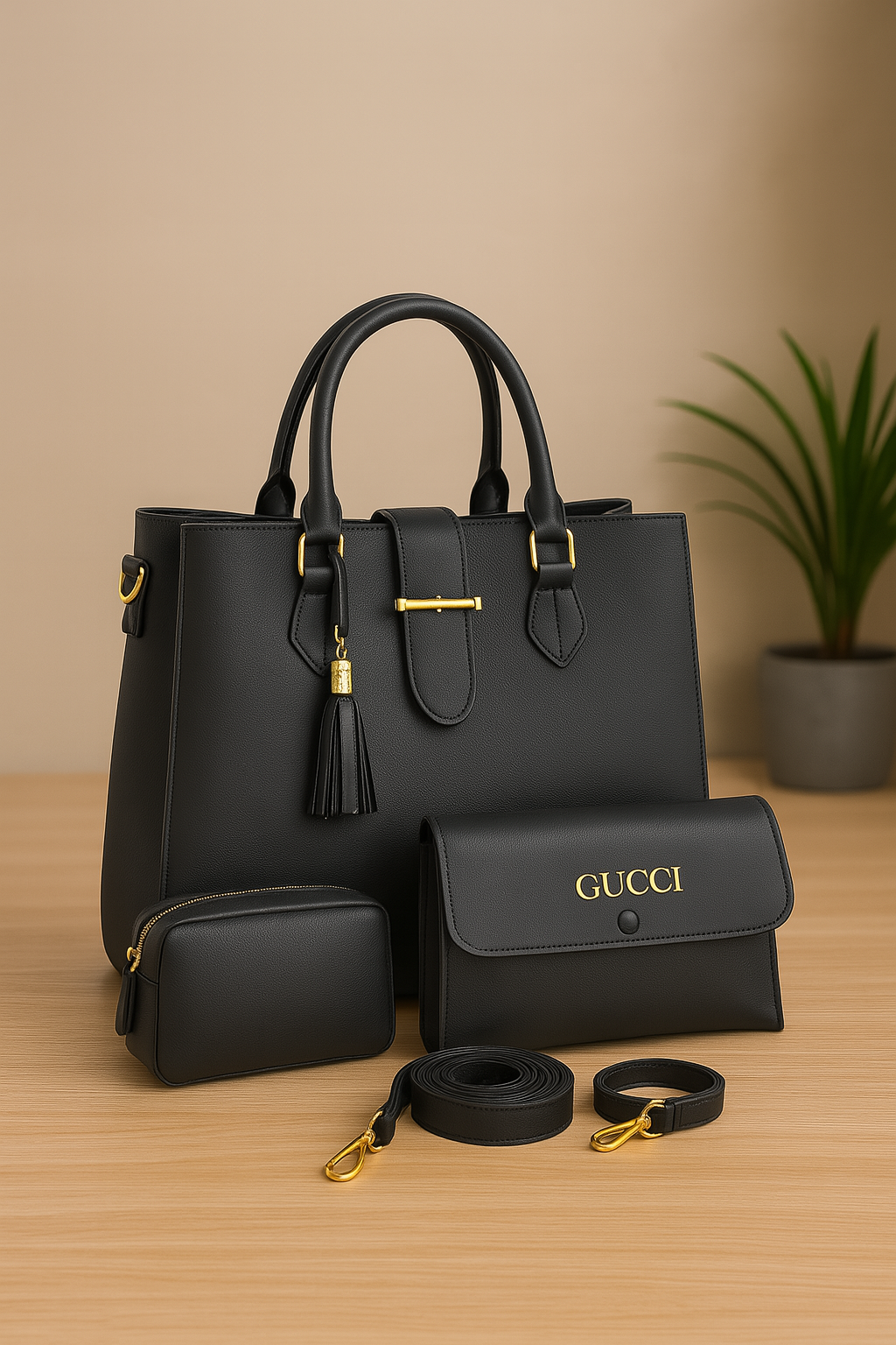 100% Imported Leather Plain High Quality 3-Piece Handbag Set