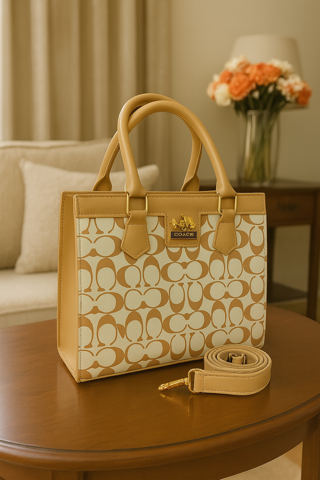 100% Imported Coach Handbag (Beige-White)