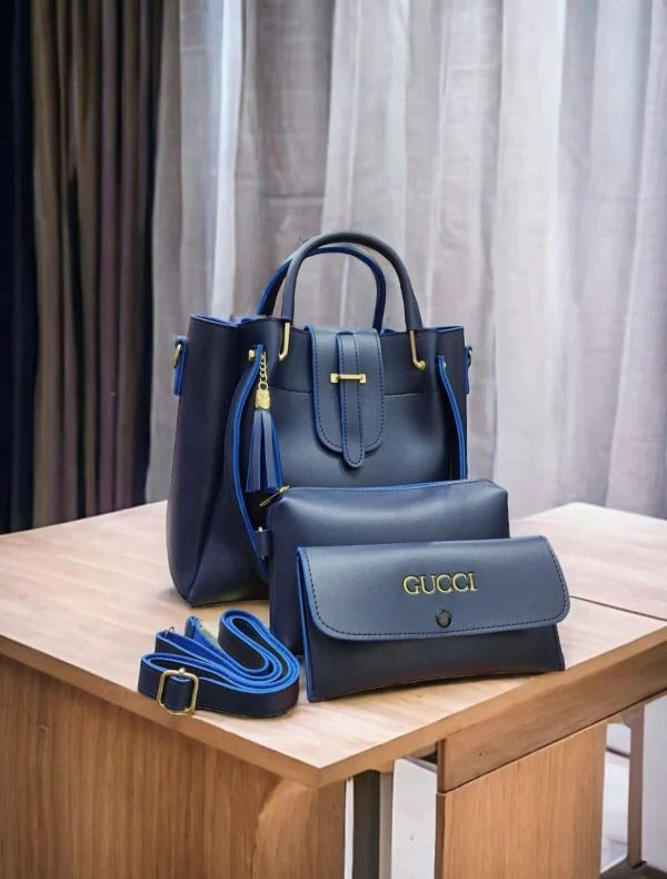 100% Imported Leather Plain High Quality 3-Piece Handbag Set