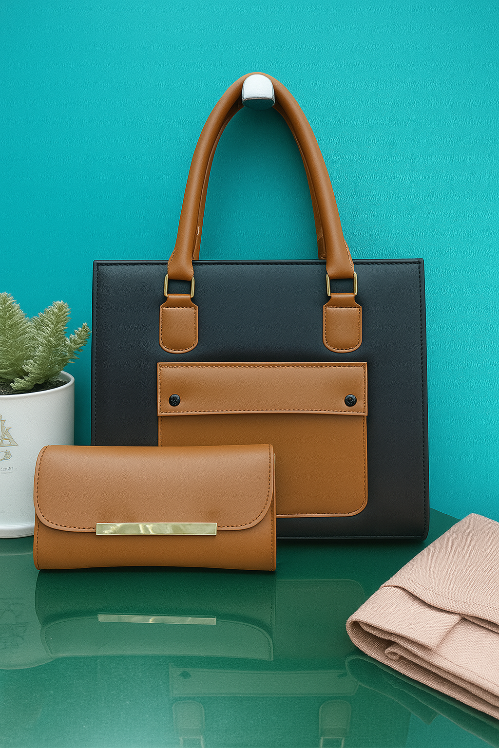 100% Imported Amber Grace Handbag Set (Navy-Blue)