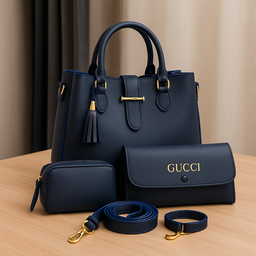 100% Imported Leather Plain High Quality 3-Piece Handbag Set