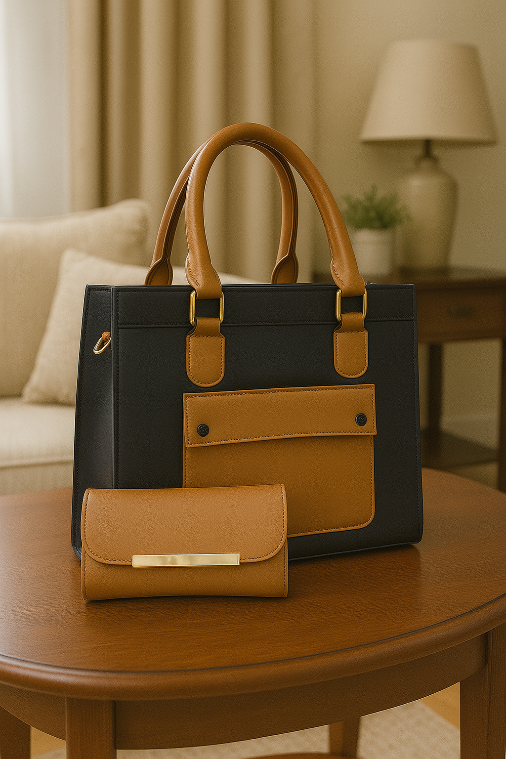 100% Imported Amber Grace Handbag Set (Navy-Blue)